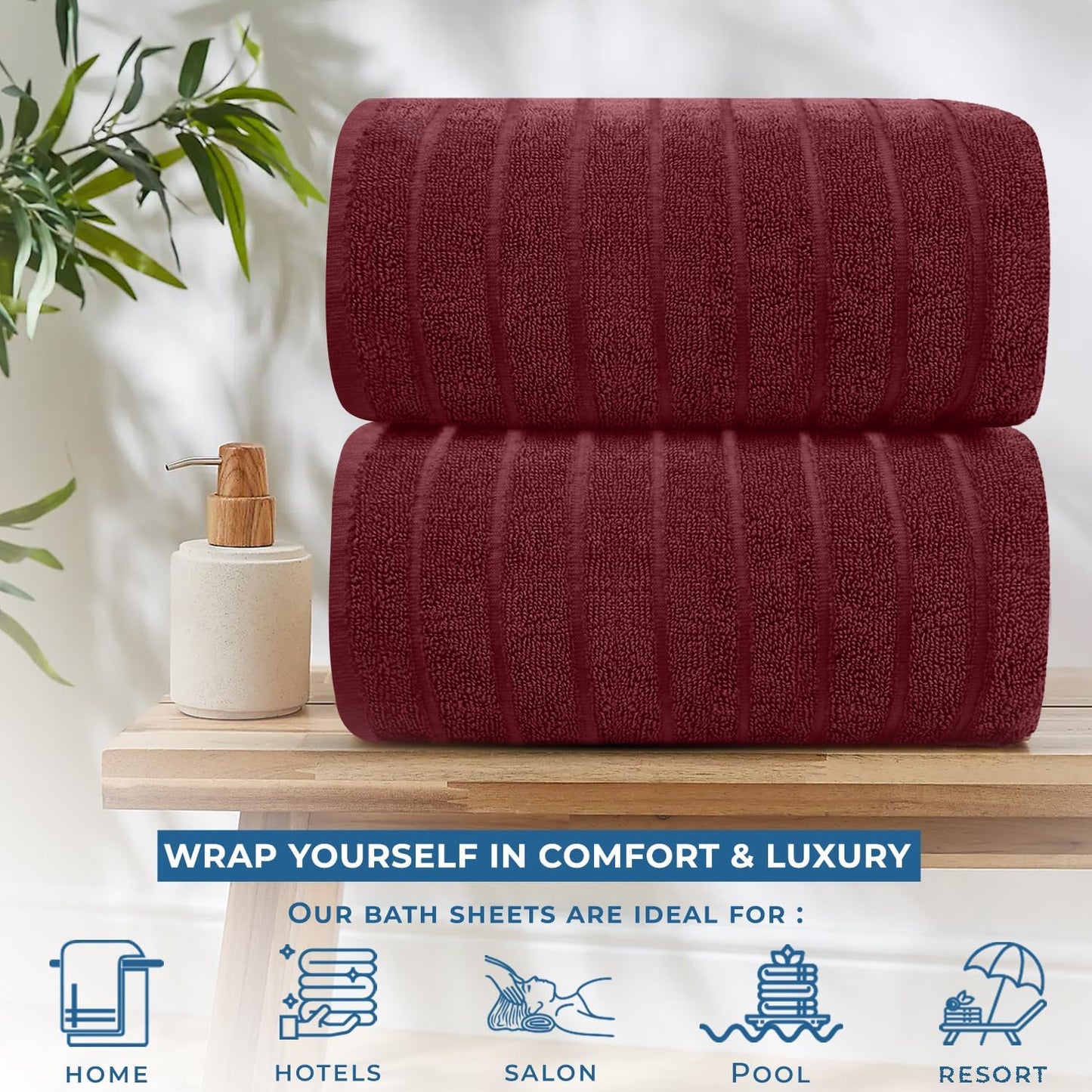 DAN RIVER Pack of 2 Bath Sheet 35x70 Inches, Ribbed Jumbo Bath Towels, Soft and Absorbent Extra Large Towels - Pomegranate