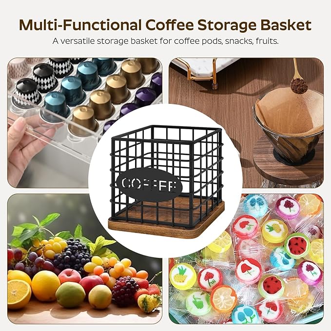Coffee Pod Holder for K Cup, Large Capacity Coffee Pod Organizer, Versatile Coffee Capsule Storage Basket with Wooden Base, Rustic Brown KH10BR
