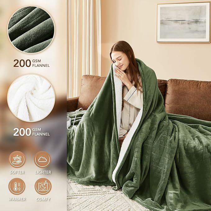 Homemate Electric Heated Blanket Twin - 62"x84" Heating Bed Blankets Throw with 10 Heating Levels 8 Hours Auto Off Fast Heating Over-Heated Protection Ultra Soft Warm Flannel ETL Certified Green