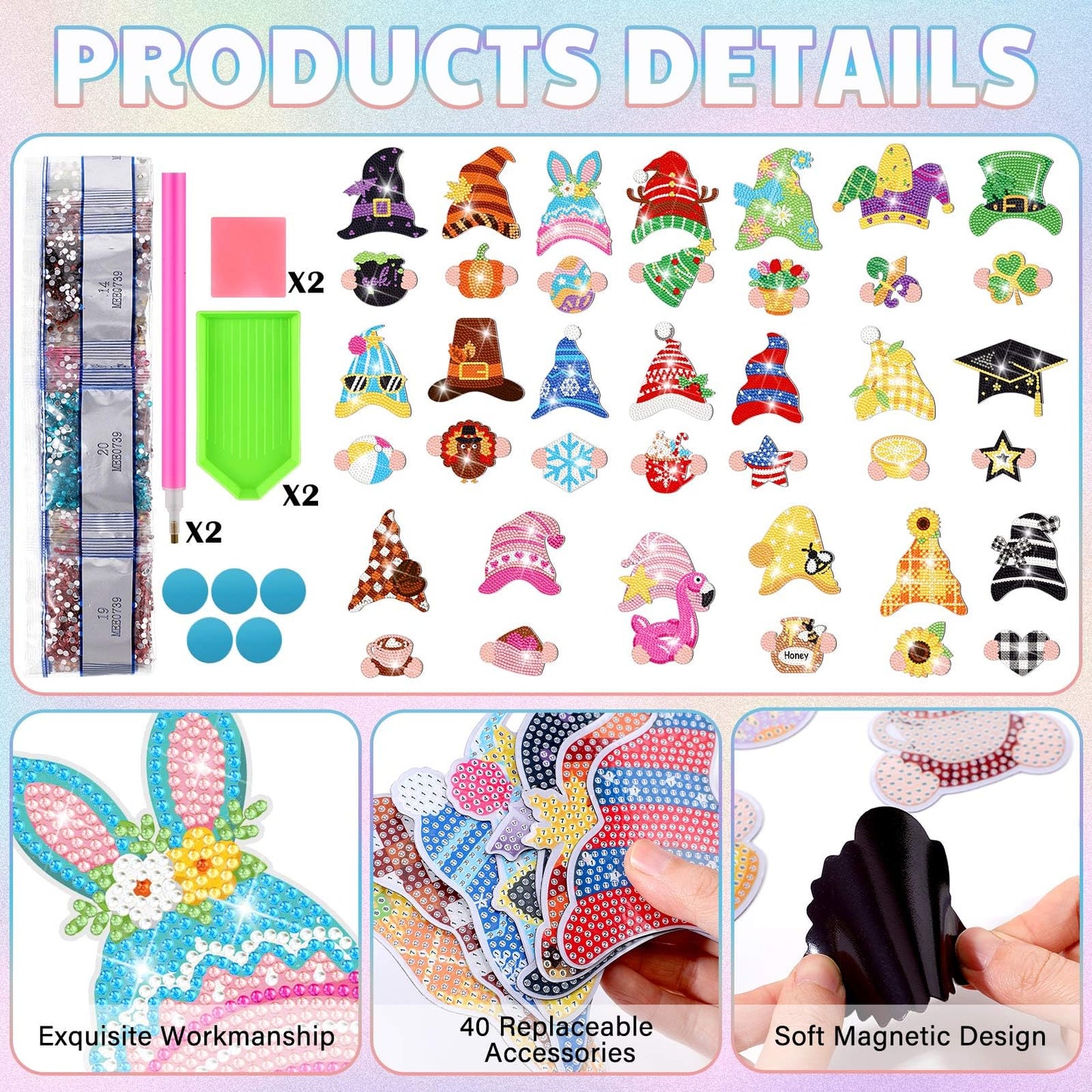 DoubleFill 42 Pcs Summer Diamond Kits 4th of July Interchangeable Wooden Table Decorations DIY Summer Holiday Party Seasonal Tiered Tray Art Decor Diamond Painting Magnets(Gnome)