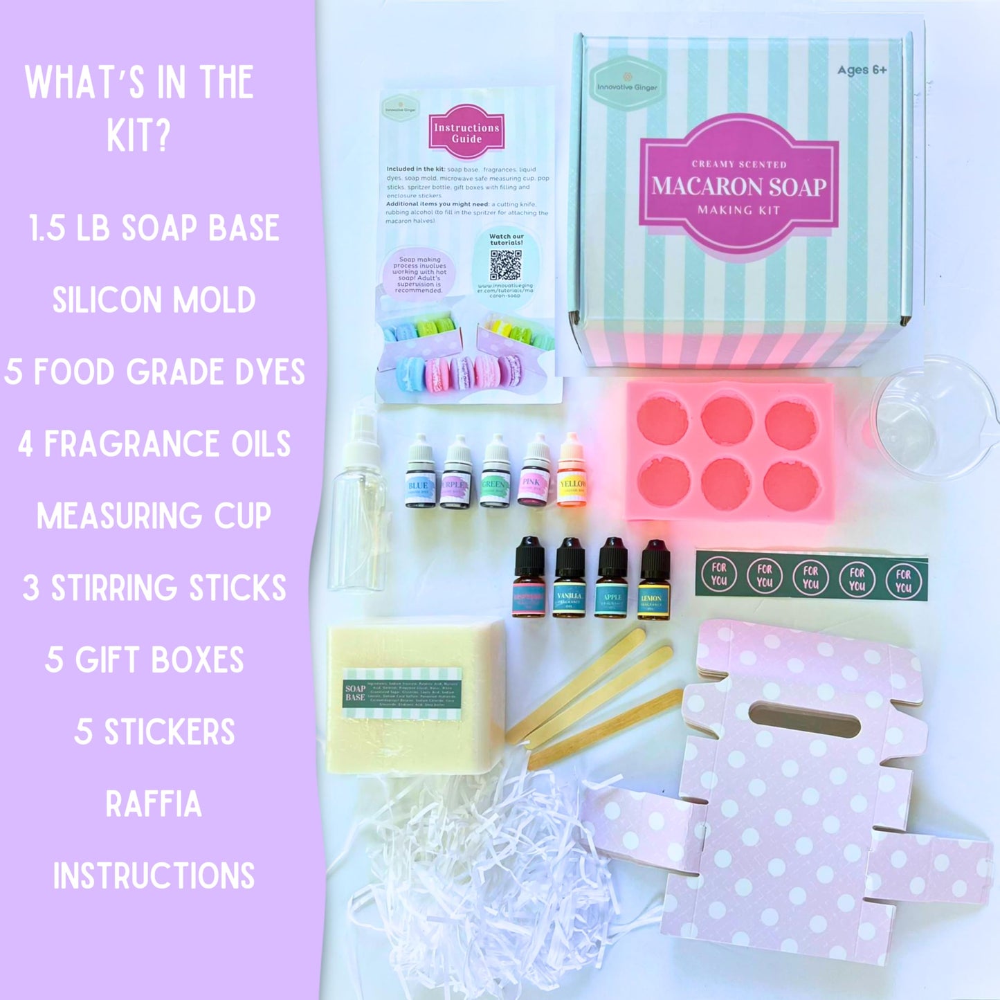 Innovative Ginger DIY Macaron Soap Making Craft Kit for Kids, Teens, and Adults - Fun, Easy, Creative - Large Soap - Perfect Birthday & Holiday Gift - Unique, Mess-Free, All-in-One Kit (Macaron)