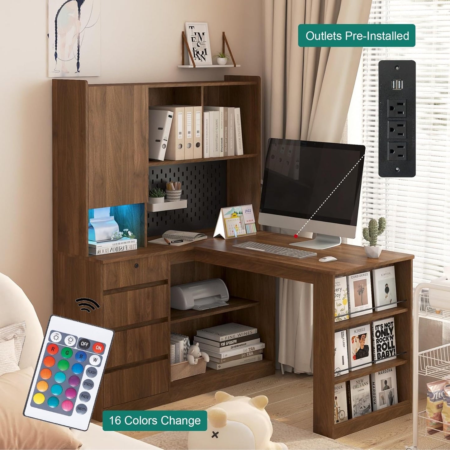 KEIKI L Shaped Home Office Desks with LED Light, Pegboard, Hutch, Drawers, Bookshelf & Storage Shelves, Modern Wooden Gaming Computer Corner Table for Work, Study, Writing
