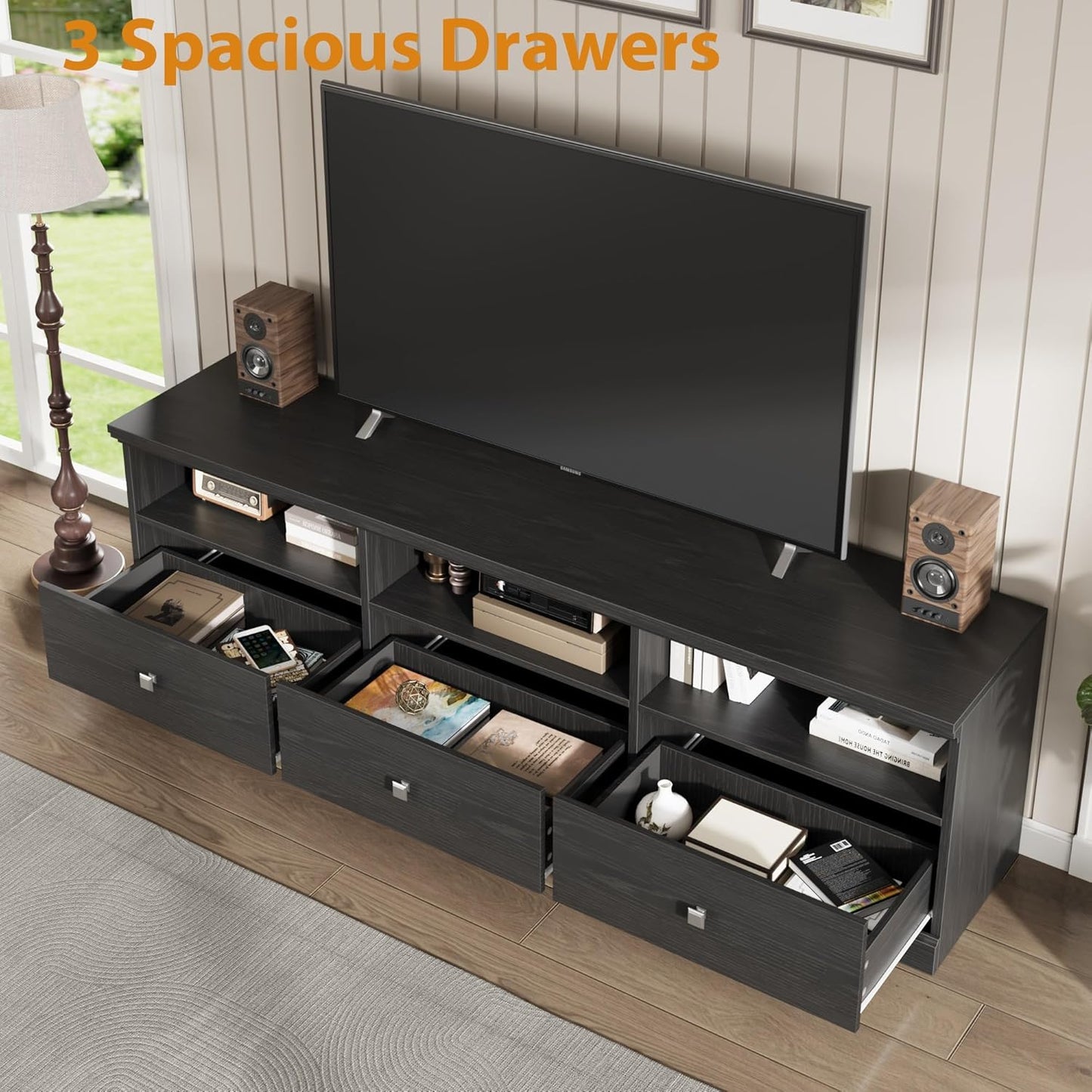 GarveeHome TV Stand for 65/70/75 Inch TV, Entertainment Center with Storage Drawer, Mid-Century Modern TV Console with Open Shelves, 70in Media TV Cabinet for Living Room, Bedroom (Black)