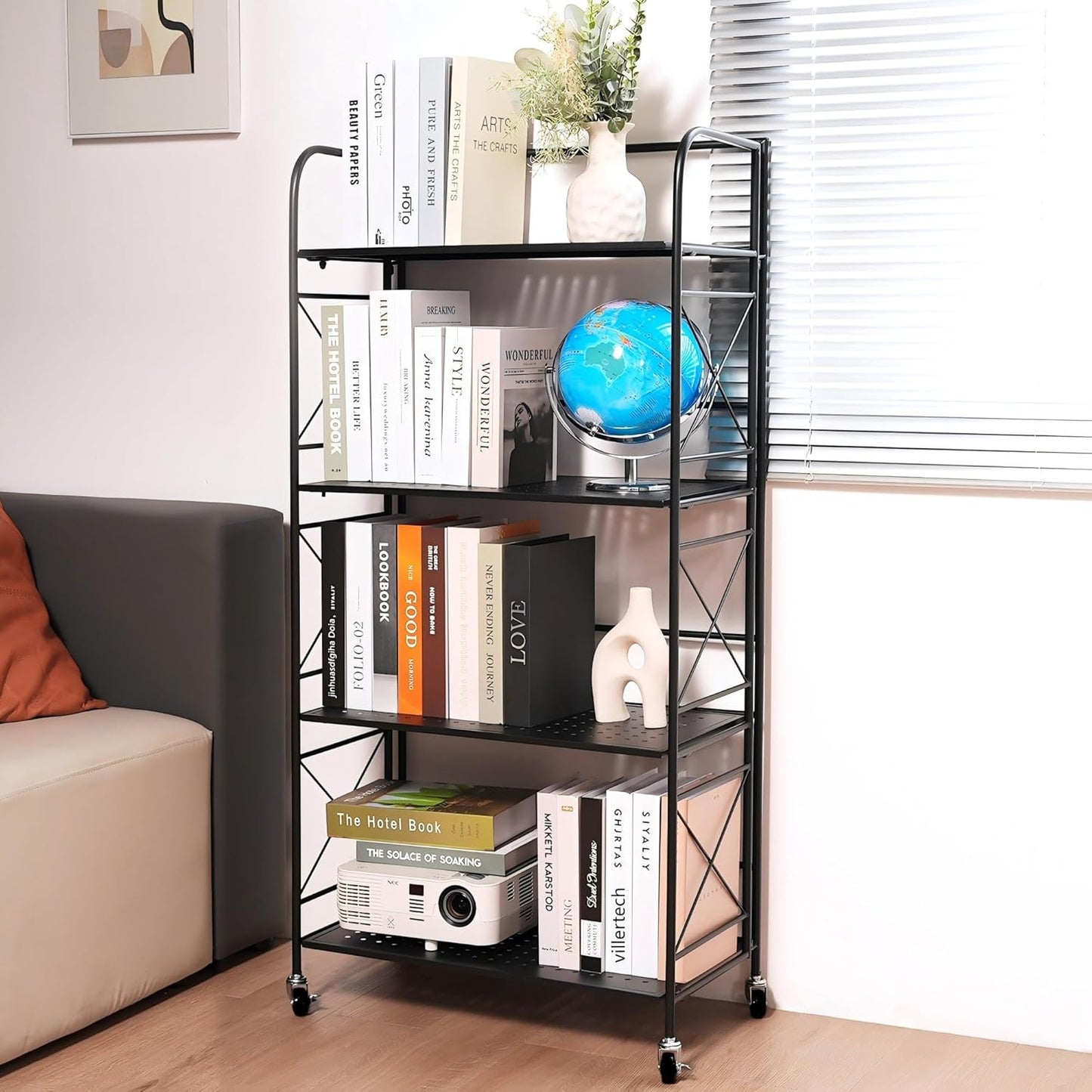 Foldable 4-Tier Metal Shelf with Wheels - Folding Bookshelf Unit for Living Room, Kitchen, Study 12.6" D x 23.6" W x 46.8" H, Matte Black