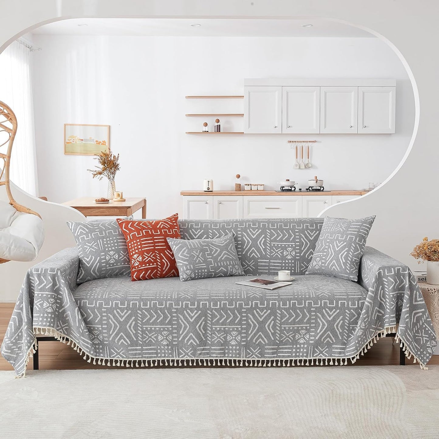 HANDONTIME Bohemian Couch Cover - Grey & White Aztec Tribal Pattern for 3 Cushion Couch, Aesthetic Tassel Sofa Slipcover, Universal Size, 71" X134"