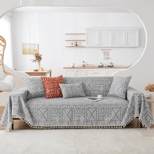HANDONTIME Bohemian Couch Cover - Grey & White Aztec Tribal Pattern for 3 Cushion Couch, Aesthetic Tassel Sofa Slipcover, Universal Size, 71" X134"