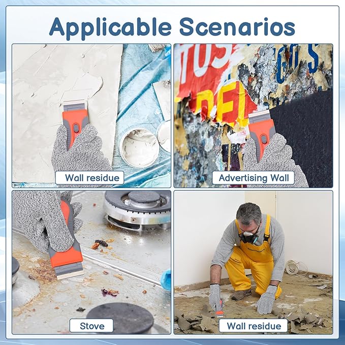 Floor Scraper Long Handle, 20 Floor Scraper Blades 4 Inch, 3 Pcs Wire Brush 1 Pcs Razor Blade Scraper Tool for Deep Cleaning Glass Wall Gum Paint Tile Glue Linoleum