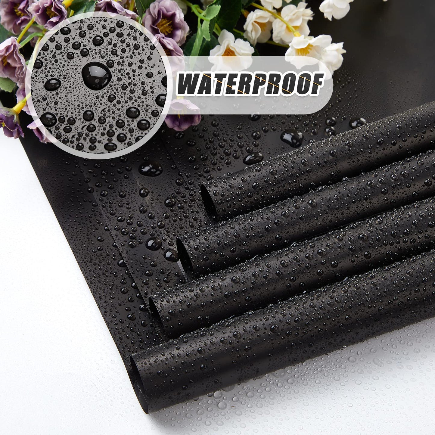 Sabary 120 Sheets Flower Wrapping Paper Bouquet Pure Color Waterproof Floral Packaging Paper with 196 Inch Ribbon Florist Bouquet Supplies for Wedding Birthday DIY, 22.8 x 22.8 Inch(Black)