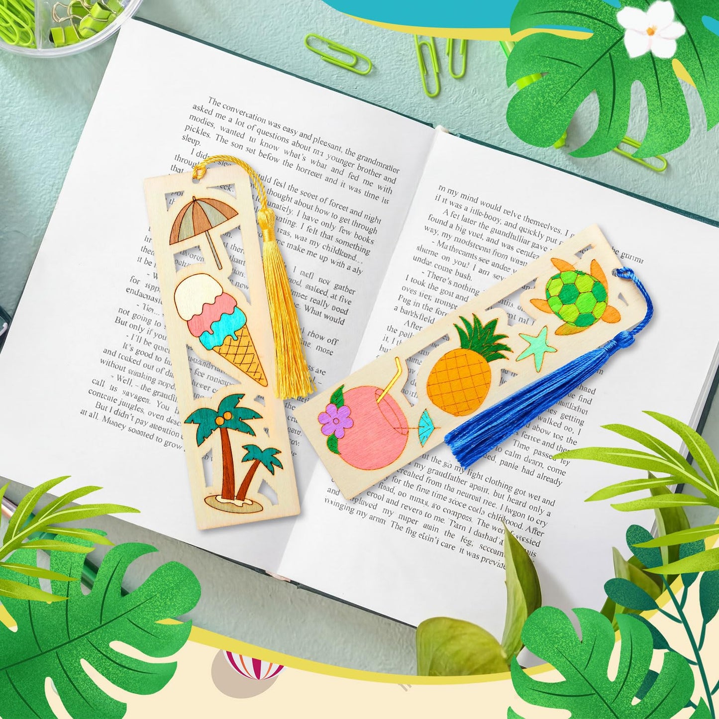 Yexiya 100 Pcs Bulk DIY Wooden Bookmarks Kit - 50 Set Tropical Hawaii Unfinished Wood Crafts with 50 Colorful Tassels for Classroom Rewards, Student Gifts, Summer Camp, Luau Party Favors, Art Projects