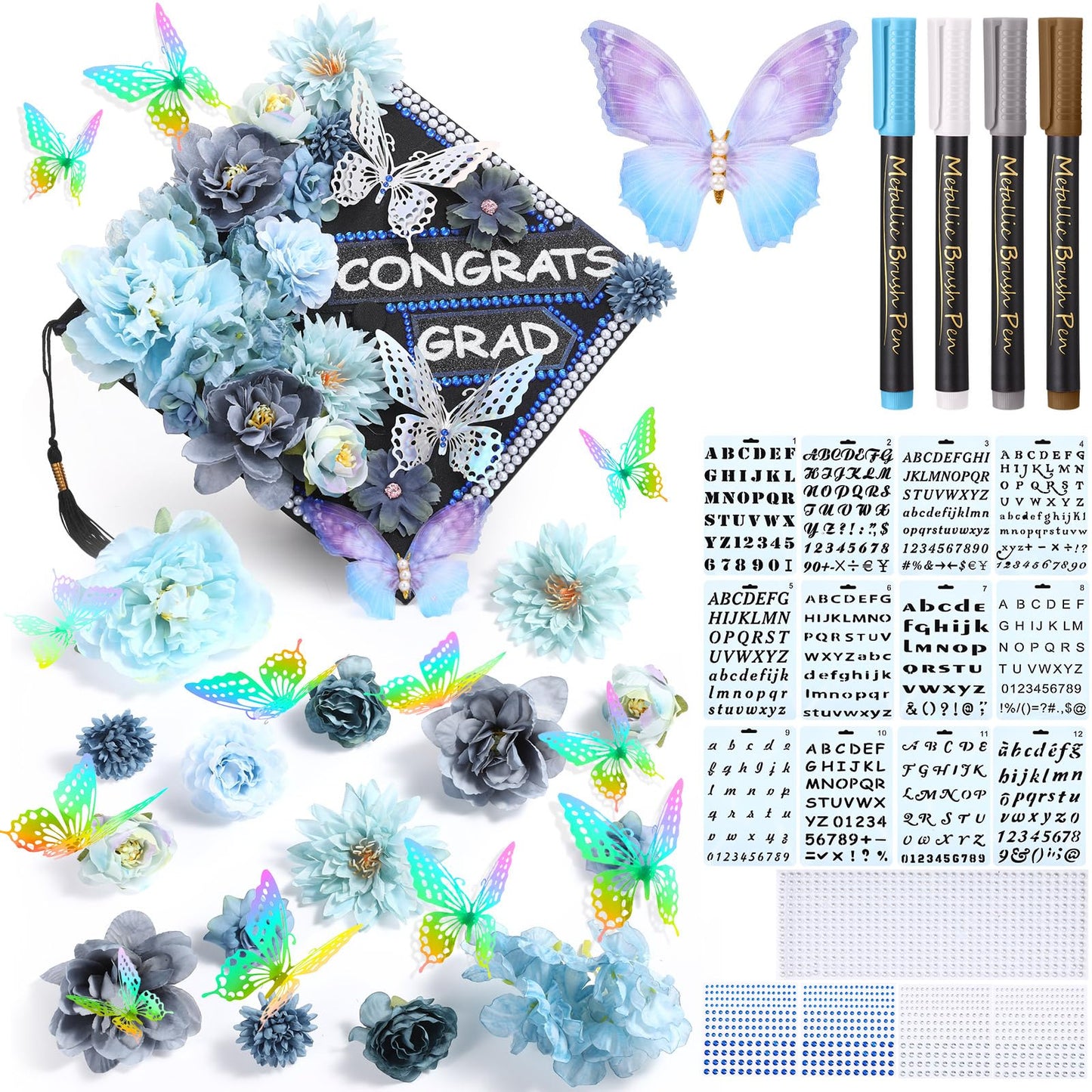 Lyrow 51 Pcs DIY Graduation Cap Decorations Kits Included Grad Cap Pens Faux Flowers Letter Number Stencils Rhinestones Stickers 3D Butterflies for Grad Hat Topper Decors Craft Art DIY(Dark Blue)
