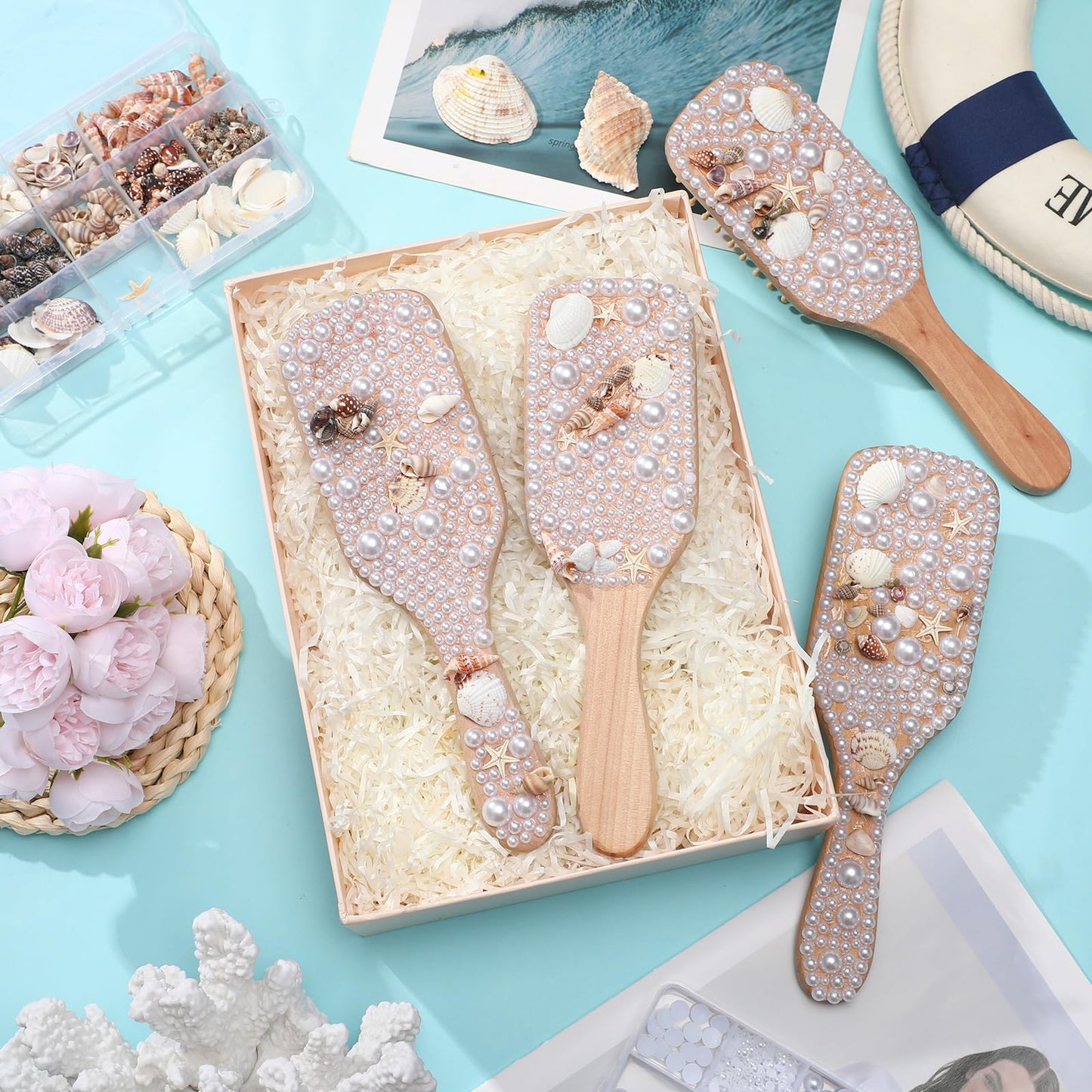 Potchen 6 Set Mermaid Hairbrush Kit DIY Creative Seashell Hairbrush with Mix Flatback Rhinestones Half Pearls Small Scallop Shell Decorate Your Own Hair Brush for Girls Women Bride Mermaid Party Favor