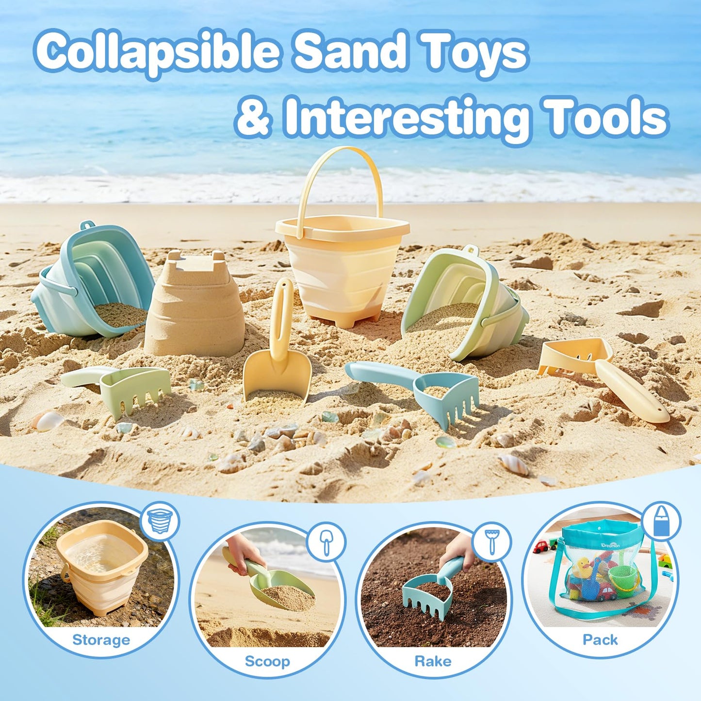 Dreamon Beach Toys, 3 Pack Collapsible Sand Buckets for Kids, Shovels & Rakes Set with Mesh Bag, Kids Beach Essentials Sandcastle Building Kit for Beach Trip Outdoor Play and Summer Fun