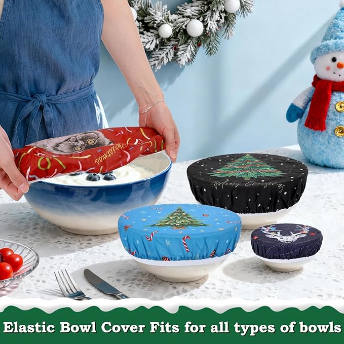 5-Size Beeswax Bowl Covers for Bread Proofing, Reusable Cotton Cloth Bowl Covers, Flexible Beeswax Wraps for Food Storage Christmas Holiday Kitchen Decor(Santa Kitty)