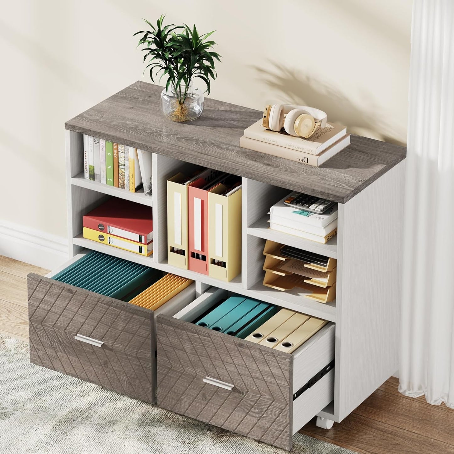 Tribesigns 2-Drawer Wood File Cabinet, Mobile Lateral Filing Cabinet for Hanging Letter Size Files, Printer Stand with Open Storage Shelves for Home Office (Grey & White)