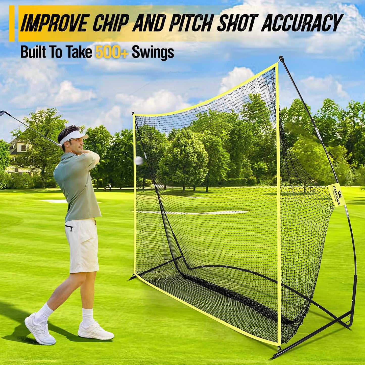 PodiuMax Golf Net, 10x7ft Golf Practice Net with Noise Reduce Silk Target Driving Real Balls, Hitting Nets for Backyard Garage, Improve Chipping Putting Pitching, Gift for Men & Golfers