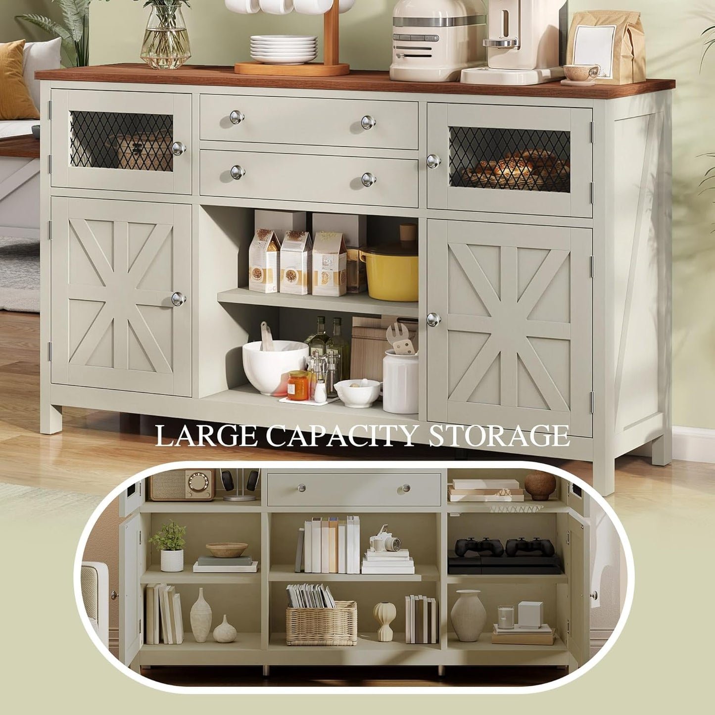 YITAHOME Farmhouse TV Stand for 65/55 Inch Television, Entertainment Center Television Stand with Drawers & Door, 59" Media Console TV Cabinet for Living Room, Antique White