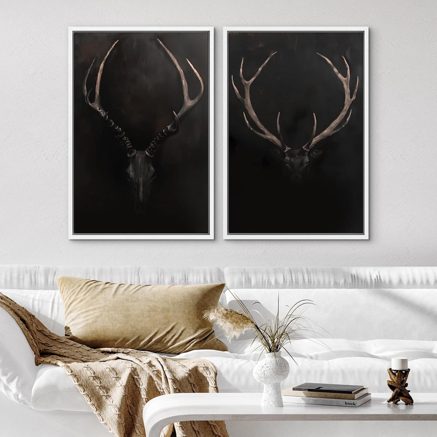 SIGNWIN Framed Canvas Print Wall Art Rustic Antler Skull Dark Dramatic Black Vintage-Inspired Deer and Elk Antlers Illustrations Decorative for Living Room, Bedroom, Office - 24"x36"x2 White