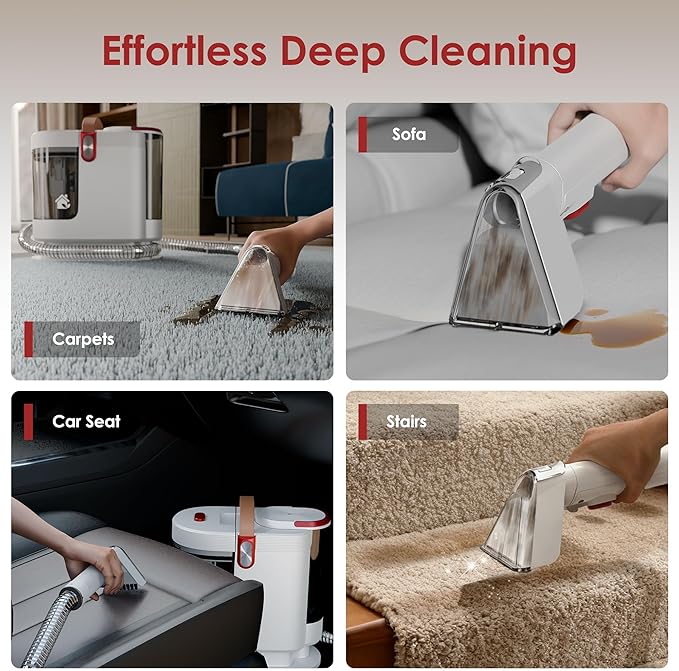 Portable Carpet Cleaner Machine, Carpet Shampooer, 15Kpa Upholstery Cleaner with 3 Tools, 54oz Large Water Tank, 16.4ft Power Cord, Spot and Stain Deep Cleaner for Rug, Couches, Car,Red
