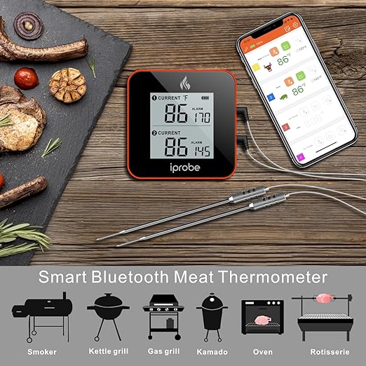 600 ft Range Digital Wireless Meat Thermometer with 2 Probes - Bluetooth & Rechargeable for Grilling Smoker Turkey, Fish, Beef