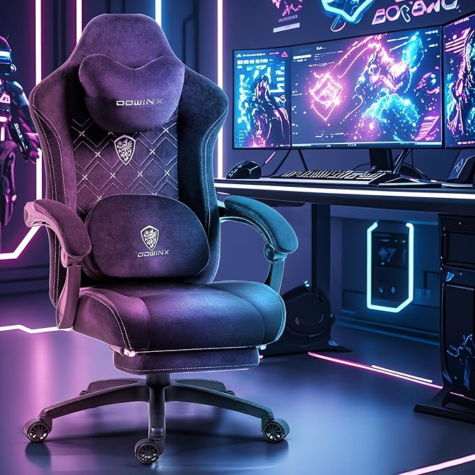 Dowinx Gaming Chair with Heated Massage Lumbar Support,Big and Tall Fabric Gaming Chairs for Adults with Footrest, Ergonomic Computer Game Chair with Poket Spring Cushions, 350lbs, Black and White