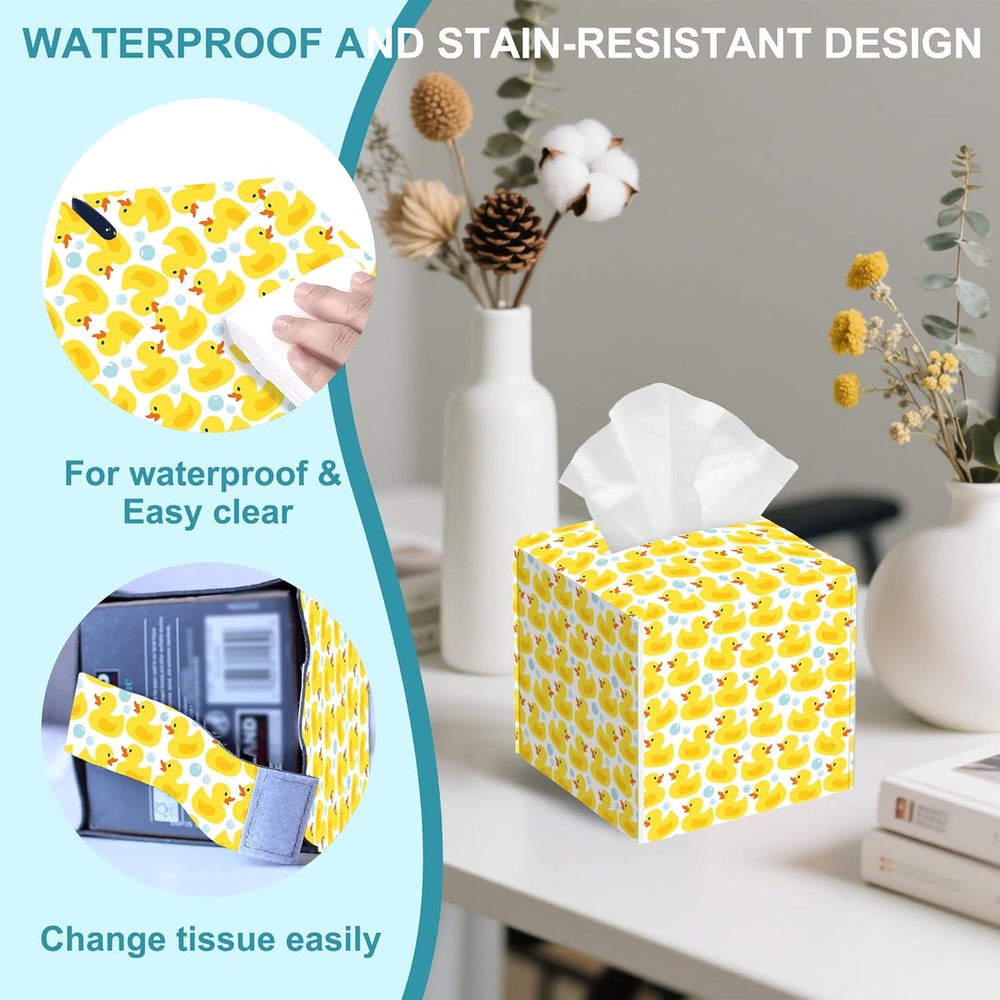 Cute Rubber Ducks Leather Tissue Holder,Soap Bubbles Square Tissue Box Cover with Bottom Belt,Modern Decorative Facial Tissue Paper Cover for Car Nightstand Vanity Desk Office,5.2" x 5.2" x 5.2"