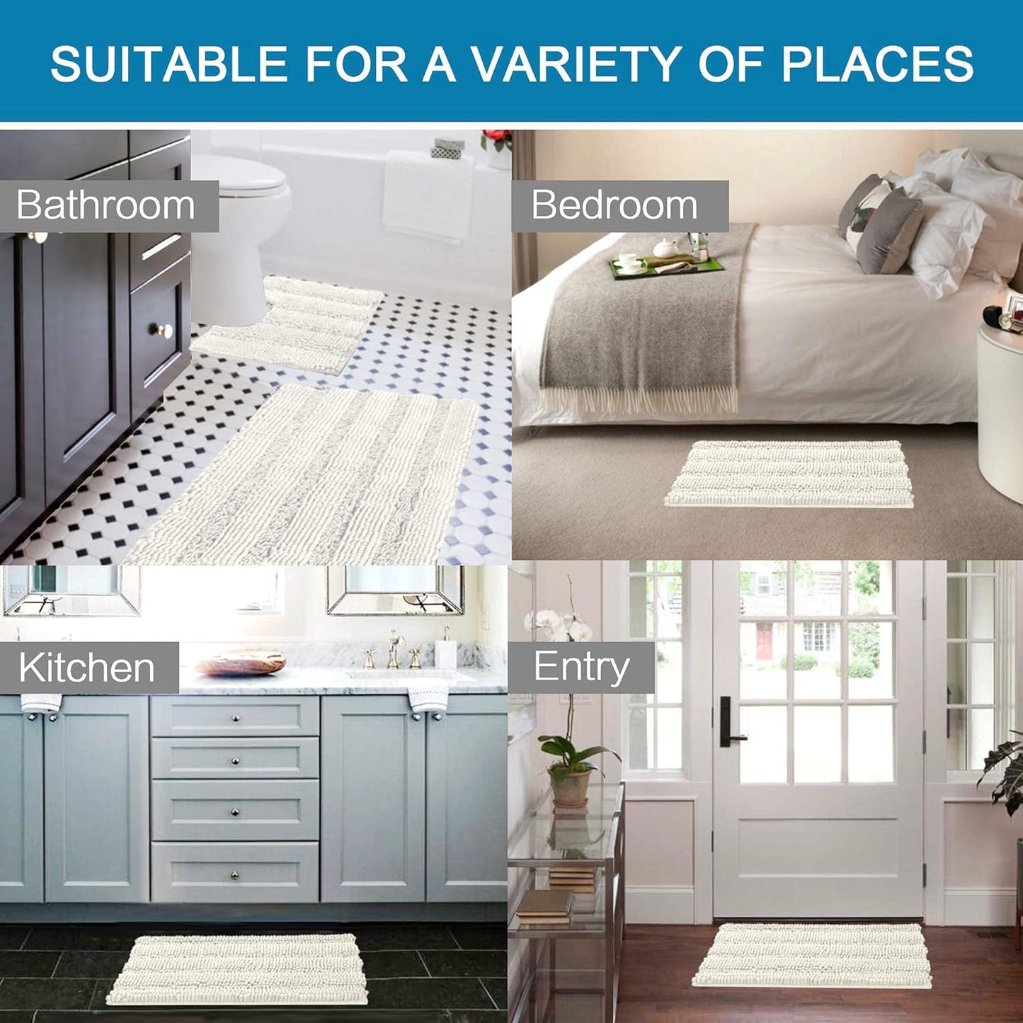 H.VERSAILTEX Bathroom Rugs Bath Rug Set 2 Piece Bathroom Contour Rug Toilet Mat Sets Non Slip Contour Bath Rug Ultra Thick Water Absorbent Striped Bath Mats Washable(36" x 24" Plus 20" x 24" U, Cream)