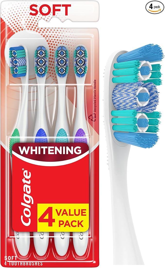 Colgate 360 Optic White Whitening Toothbrush, Adult Soft Toothbrush with Whitening Cups, Helps Whiten Teeth and Removes Odor Causing Bacteria, 4 Pack