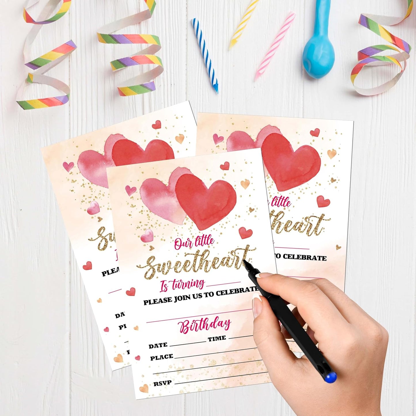 Sweetheart Birthday Invitations, 20 Invitation Cards with Envelopes, Pink Gold Hearts Valentine's Invites for Party Decorations Favor Supplies - A08