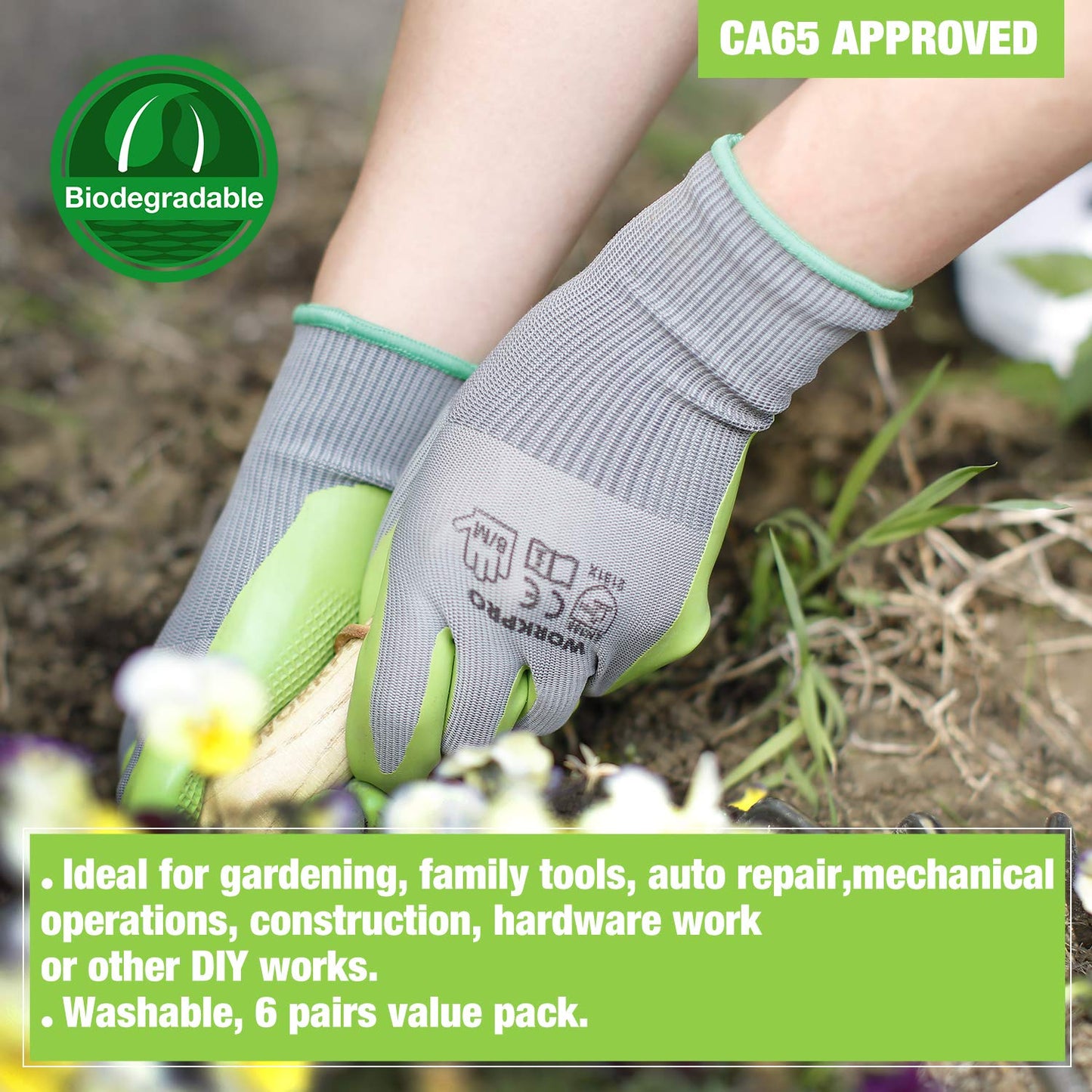 WORKPRO 6 Pairs Garden Gloves, Work Glove with Eco Latex Palm Coated, Gardening Glove, Working Gloves for Weeding, Digging, Raking, and Pruning (Large)