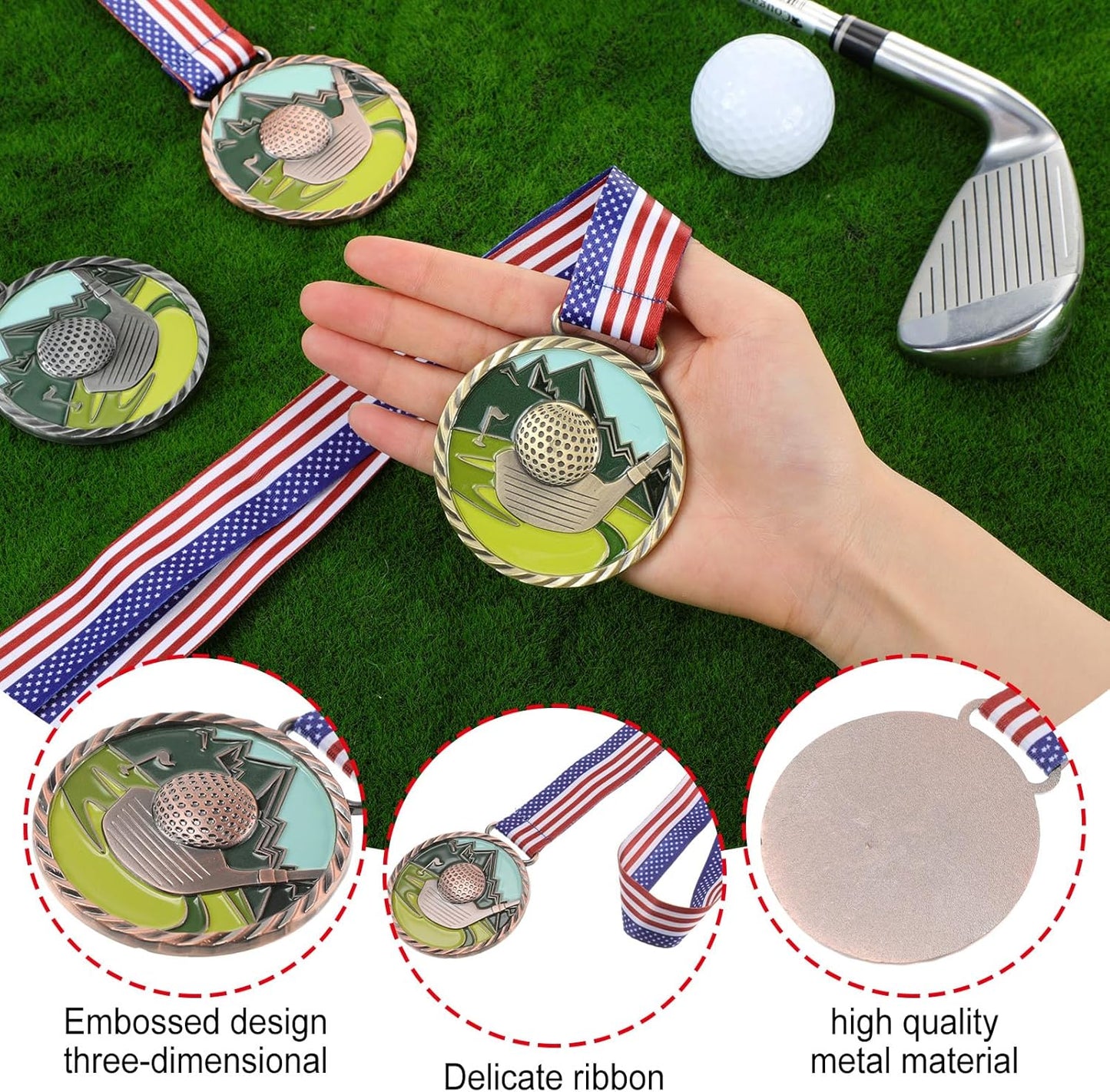 3 Pcs Golf Color Medal Gold Silver Bronze Golf Ball Award Medals with Neck Ribbon for Kids Adults Sports Tournament