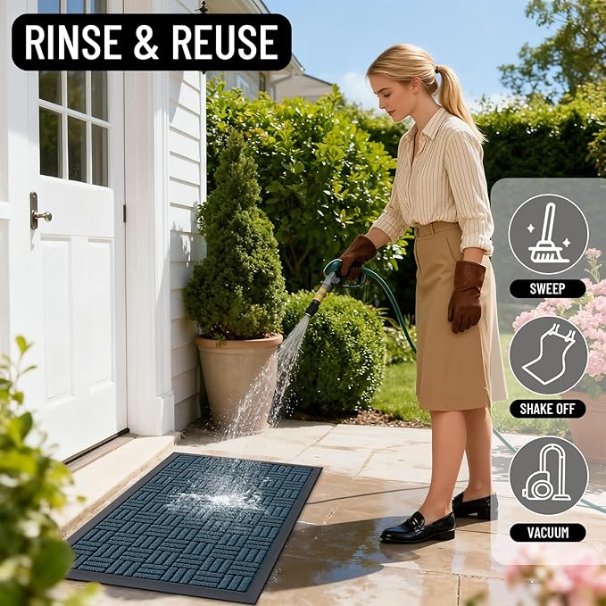OLANLY Front Door Mat Outside Entrance 35x23, Absorbent, Heavy Duty Sturdy Natural Rubber Doormat Indoor Outdoor, Non-Slip, Stain and Fade Resistant, Low Profile Floor Mat for Entryway, Lake Blue