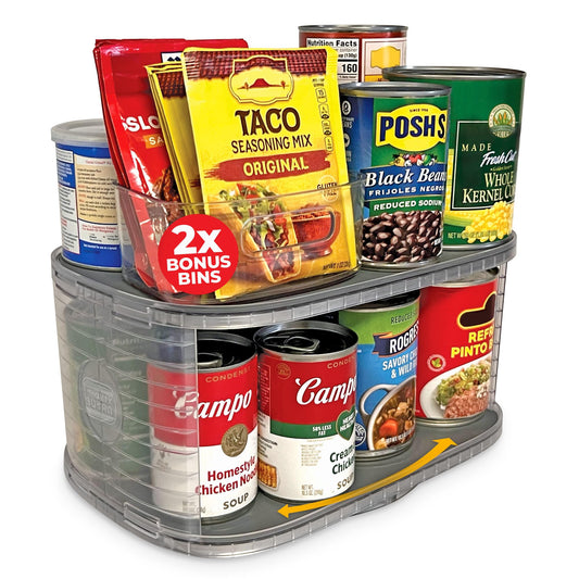 Mighty Susan 2-Tier Lazy Susan Pantry Organizer – Steel Reinforced Turntable for Kitchen Cabinets & Pantry Storage – Heavy-Duty Can Organizer Holds Up to 30 lbs – Rotates 360° – Includes 2 Bonus Bins