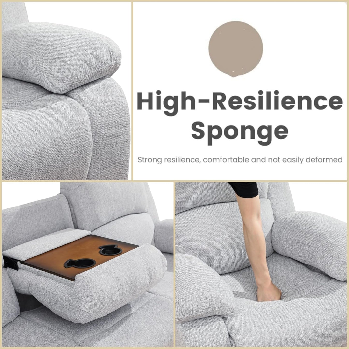 Recliner Sofa Couch, 3-Seater Home Theater Seating Reclining Sofa, Power Reclining Couch with Cup Holders & Drop Down Table for Living Room Furniture Sets, Grey White