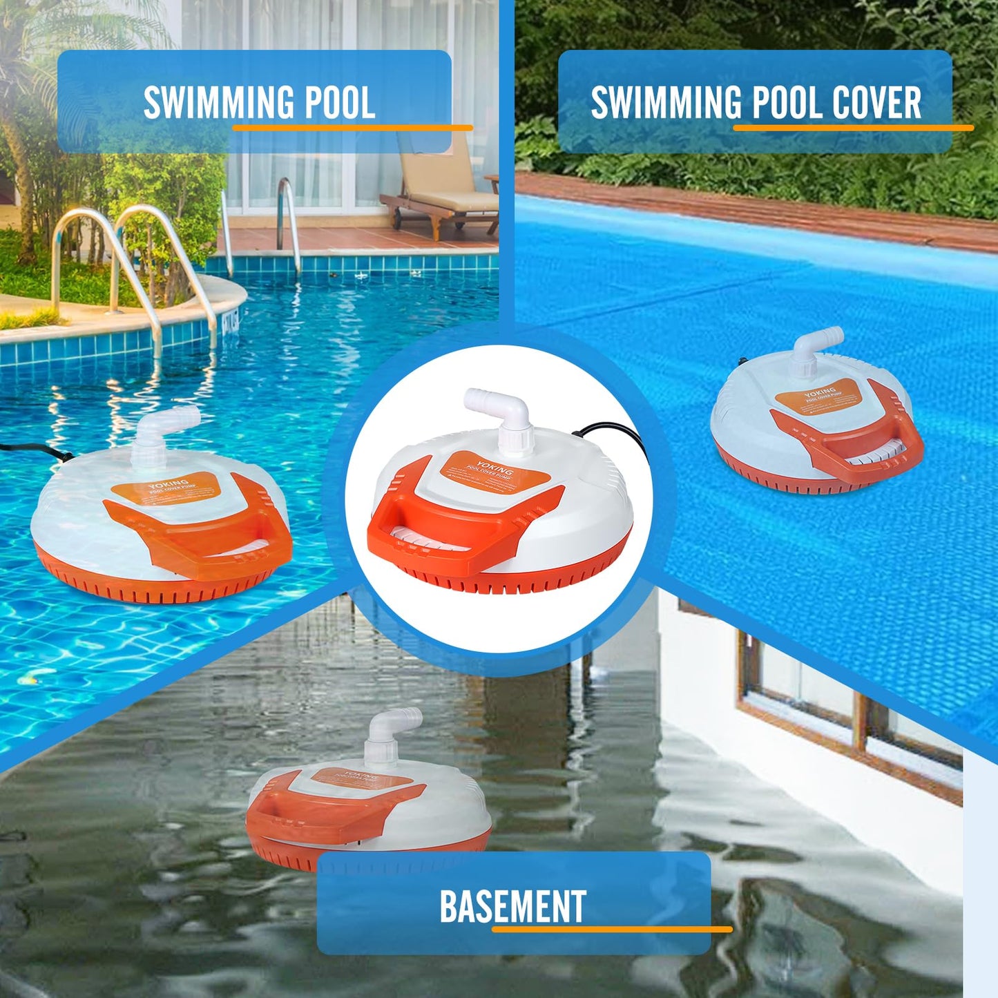 YOKING Automatic Pool Cover Pump, 1/4 HP 1500GPH Swimming Pool Submersible Water Sump Pump, 115/230V with 26ft Power Cord and 2 Adapters Water Removal for Pool, Hot Tub, Pond