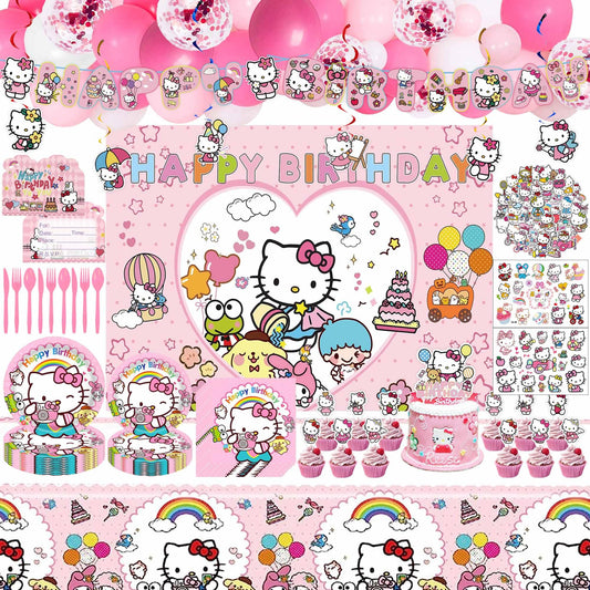 Cute Birthday Party Decorations Set - Pink Cartoon Theme Party Supplies Includes Banner, Foil Balloons, Printed Balloons, Tablecloth, Tableware, Napkins, for Adult Party