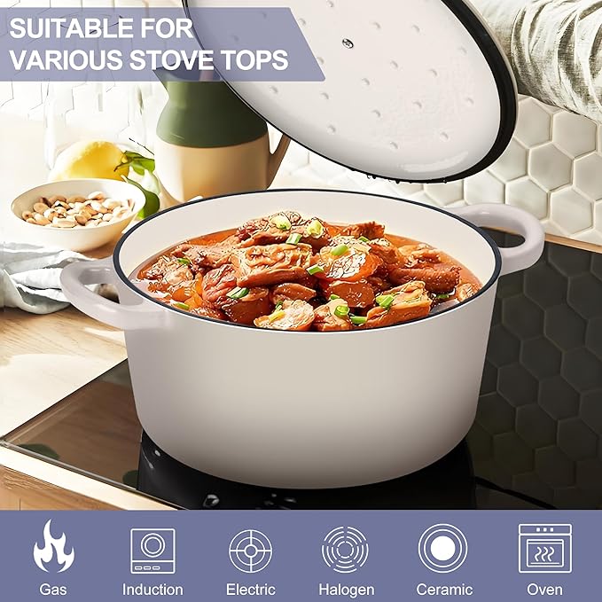 TeamFar Dutch Oven, 6QT Enameled Cast Iron Dutch Oven Cooking Pot with Lid & Dual Handles, for Bread Baking Braising Stewing, Heavy Duty & Non Stick, Oven & All Stovetops Safe - Khaki