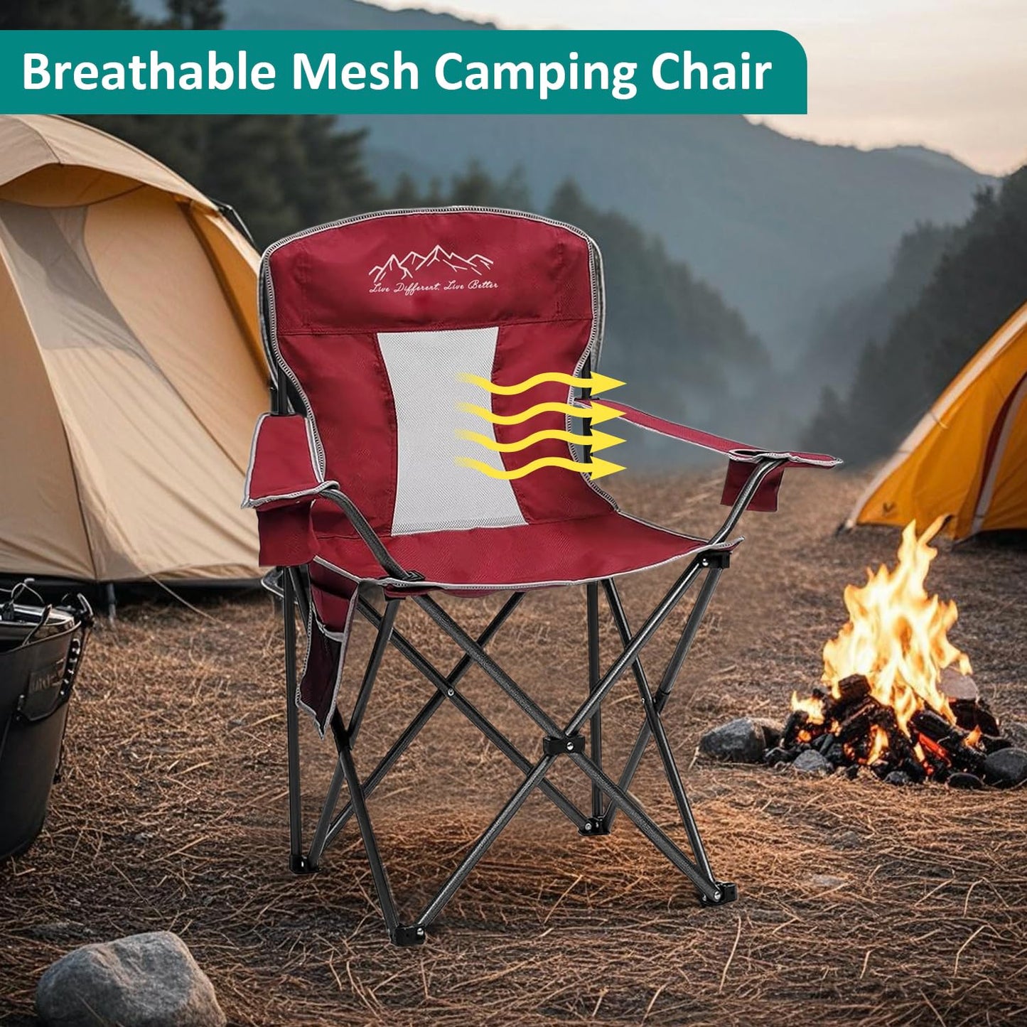 SAILARY Outdoor Folding Camping Chair with Cup Holder, Storage Bag, Large Anti-Sink Feet, 400lbs Capacity, Breathable Mesh Portable Chair for Camping, Beach, Fishing, Sports, Red