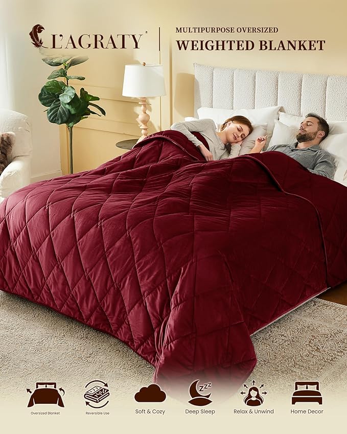 L'AGRATY Queen/King Size Weighted Blanket for Adults 15lbs, 80"x87" — Cooling Breathable Heavy Blanket with Glass for Sleeping Perfect for Hot Sleepers & Couples Machine Washable All-Season Wine Red