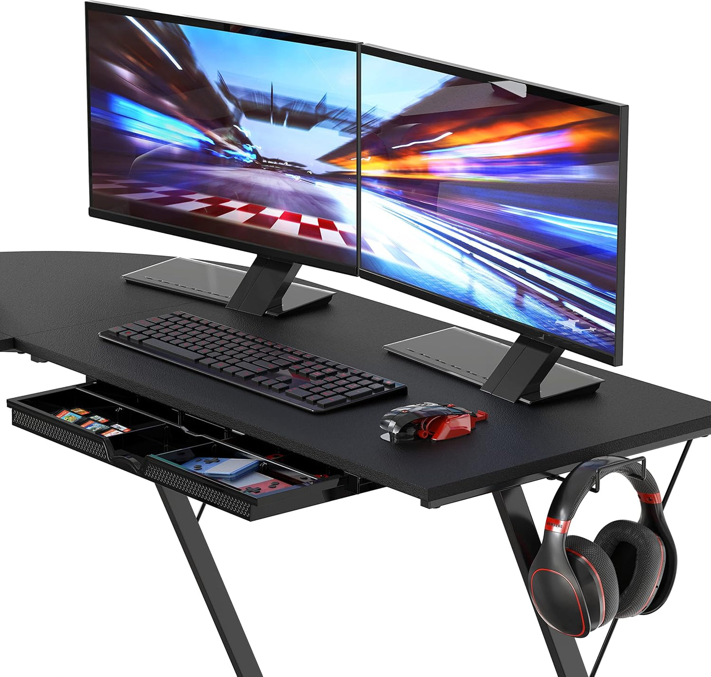 SHW 51 x 51 Inches Vista L-Shaped Desk with Monitor Stand and Drawer, Black