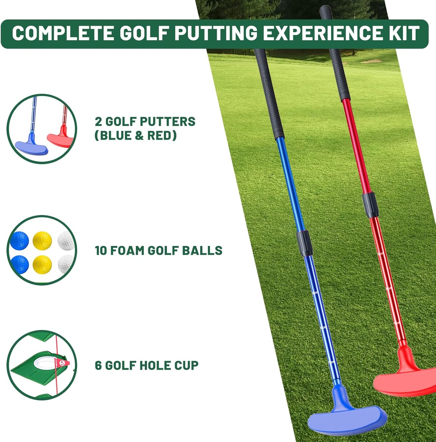 Mini Putting Set, Build Your Own Course at Home, The Office or On The Green, Includes 6 Pack Golf Putting Cups with Flags, 2 Pack Mini Golf Clubs and 10 Pack Foam Golf Balls