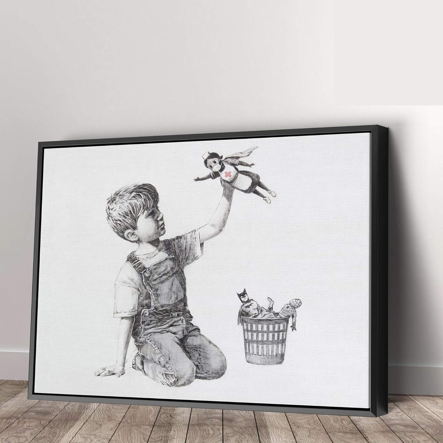Banksy Super Nurse Hospital Canvas Art Wall Art Home Decor - Various Sizes (18in x 12in Modern Black Framed)