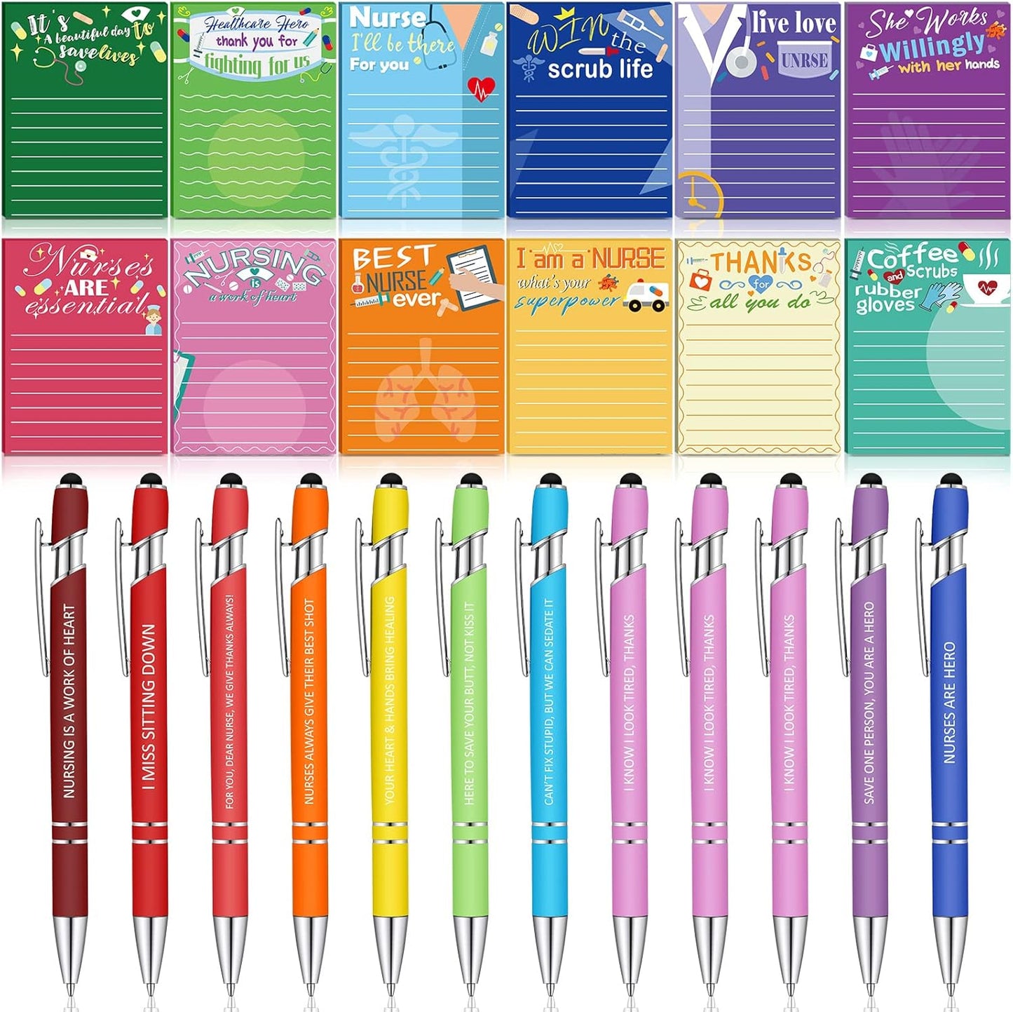 Geyee 24 Pcs Nurse Sticky Notes with Funny Pens Fun Notepads for Adults Coworkers Nurse 3 x 4 Inch to Do List Notepads with Sayings Pen for Lab Week Gifts Teacher Office Supplies