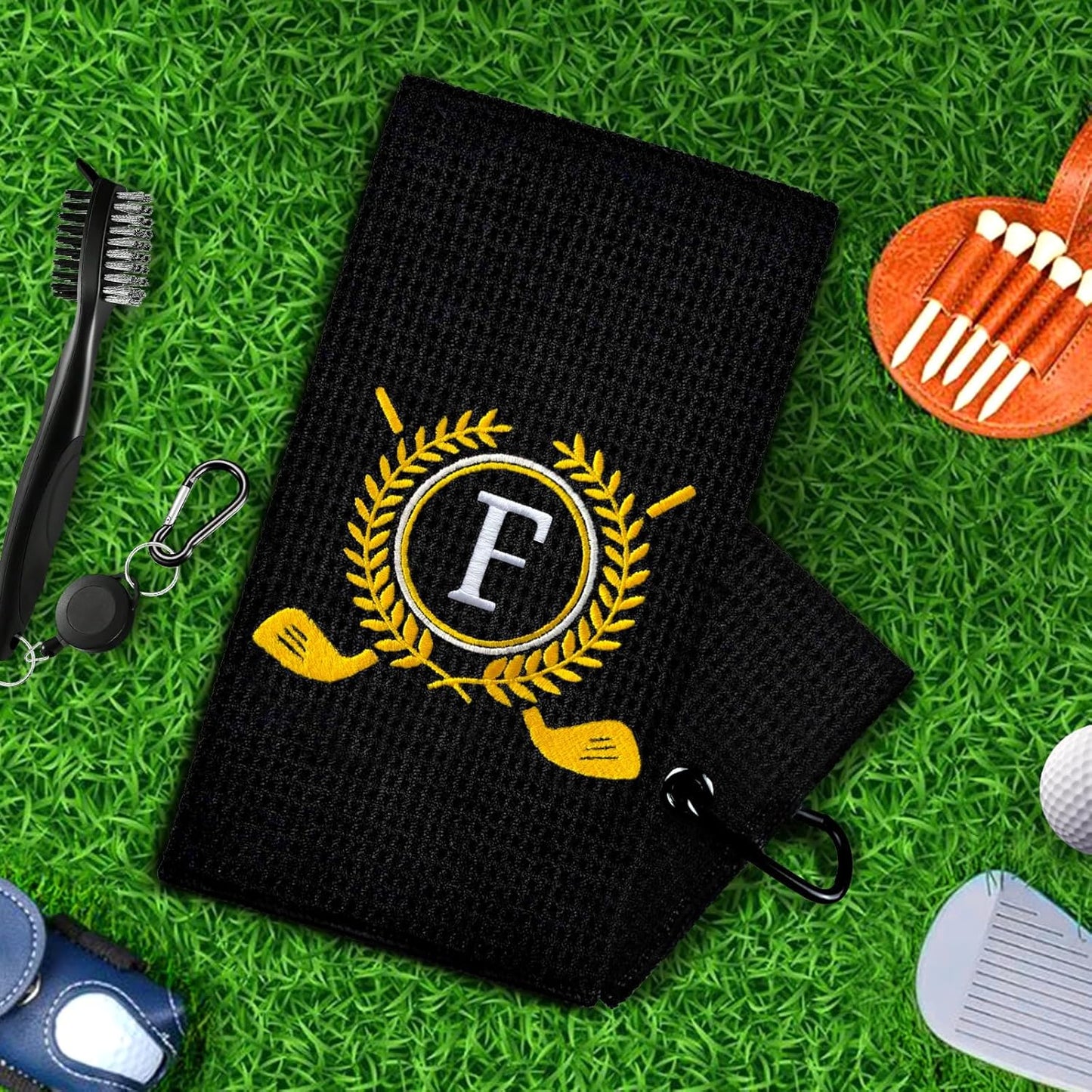 Personalized Golf Towels for Golf Bags - Microfiber Monogrammed Golf Towels for Men/Women, Retractable Brush Tool Kit with Club Groove Cleaner, Custom Golf Accessories for Golfers (Initial F)