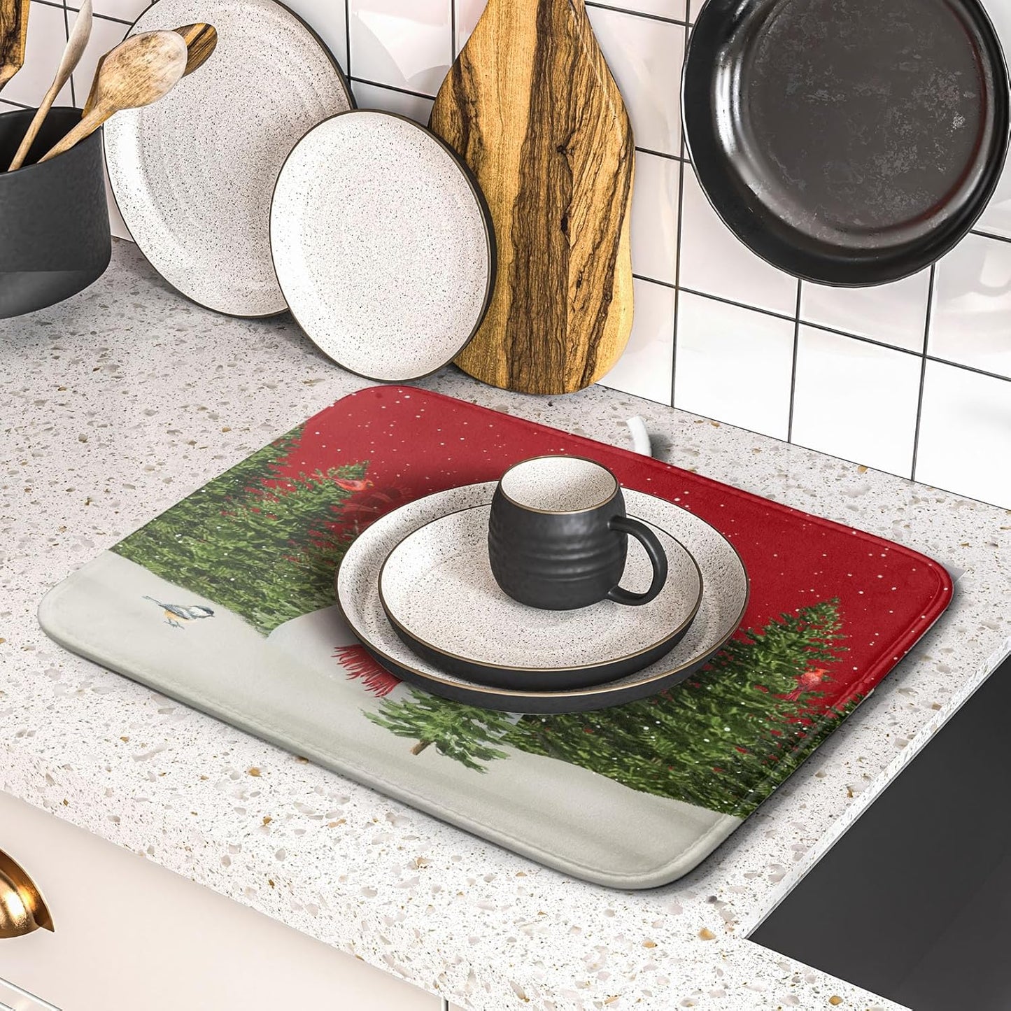 Christmas Dish Drying Mat for Kitchen Counter Red Xmas Snowman Trees Birds Drying Mat 16x18 Inch Winter Holiday Absorbent Dish Drainer Mat Christmas Kitchen Accessories