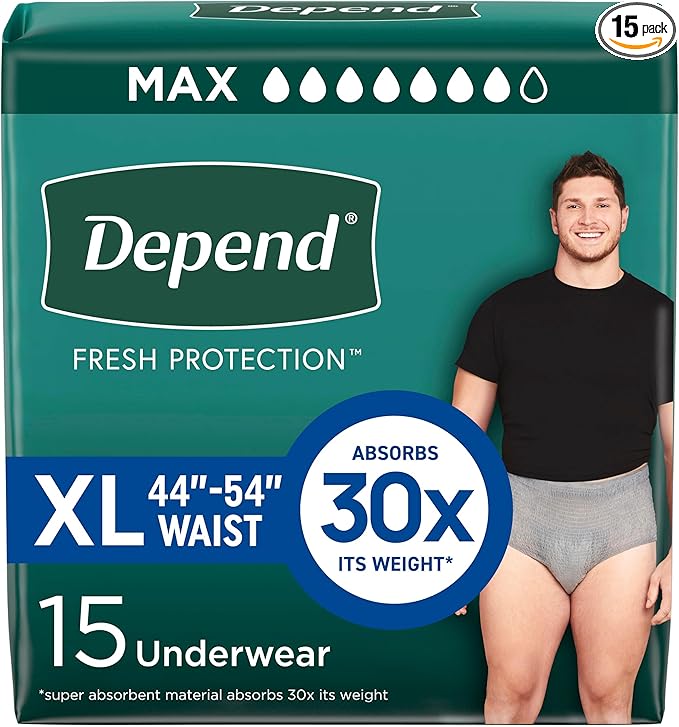 Depend Fresh Protection Adult Diapers, Incontinence Underwear for Men, Disposable, Maximum, Extra-Large, Grey, 15 Count, Packaging May Vary