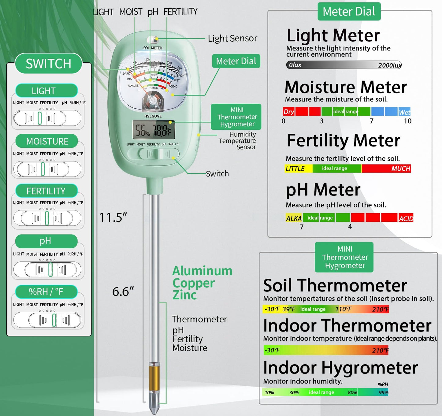 HSLGOVE Soil Test Kit, 7-in-One Soil Moisture Meter/Soil PH Meter/Fertility, Dual Screen Soil Tester w/Digital Soil Temp/Air Temp&Humidity for Plants Gardening,Lawn,Farm Indoor&Outdoor-AppleGreen