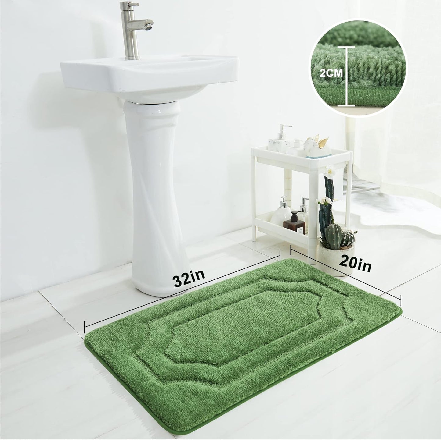 BEQHAUSE Bath Mat, Non-Slip Polyester Bathroom Rug, Soft and Absorbent, Quick Dry Shaggy Shower Mat, 20" x 32", Green