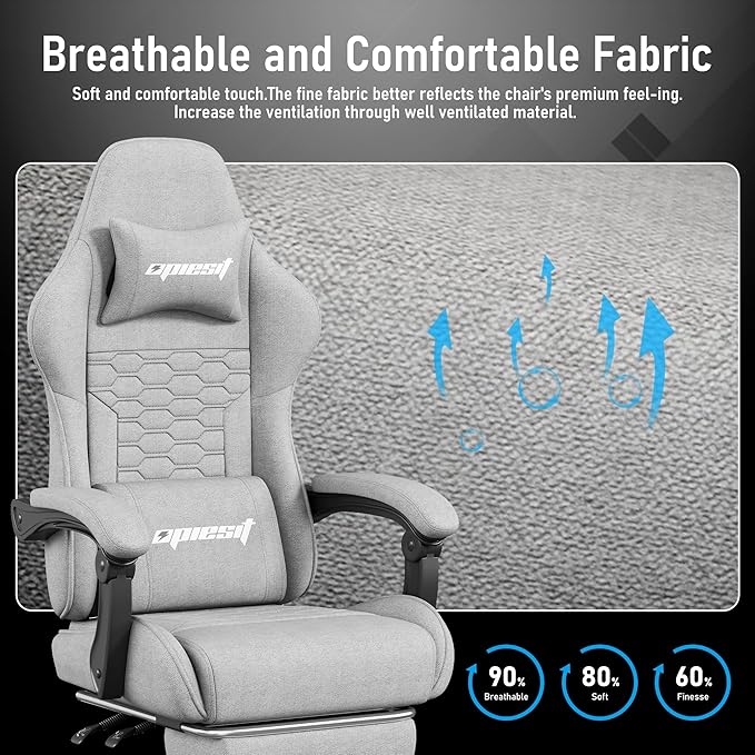 Gaming Chair,Fabric Computer Chairs with Lumbar Support and Massager,Ergonomic Office Chair with Footrest & Pocket Spring Cushion,Bearing 400 LBS(Grey