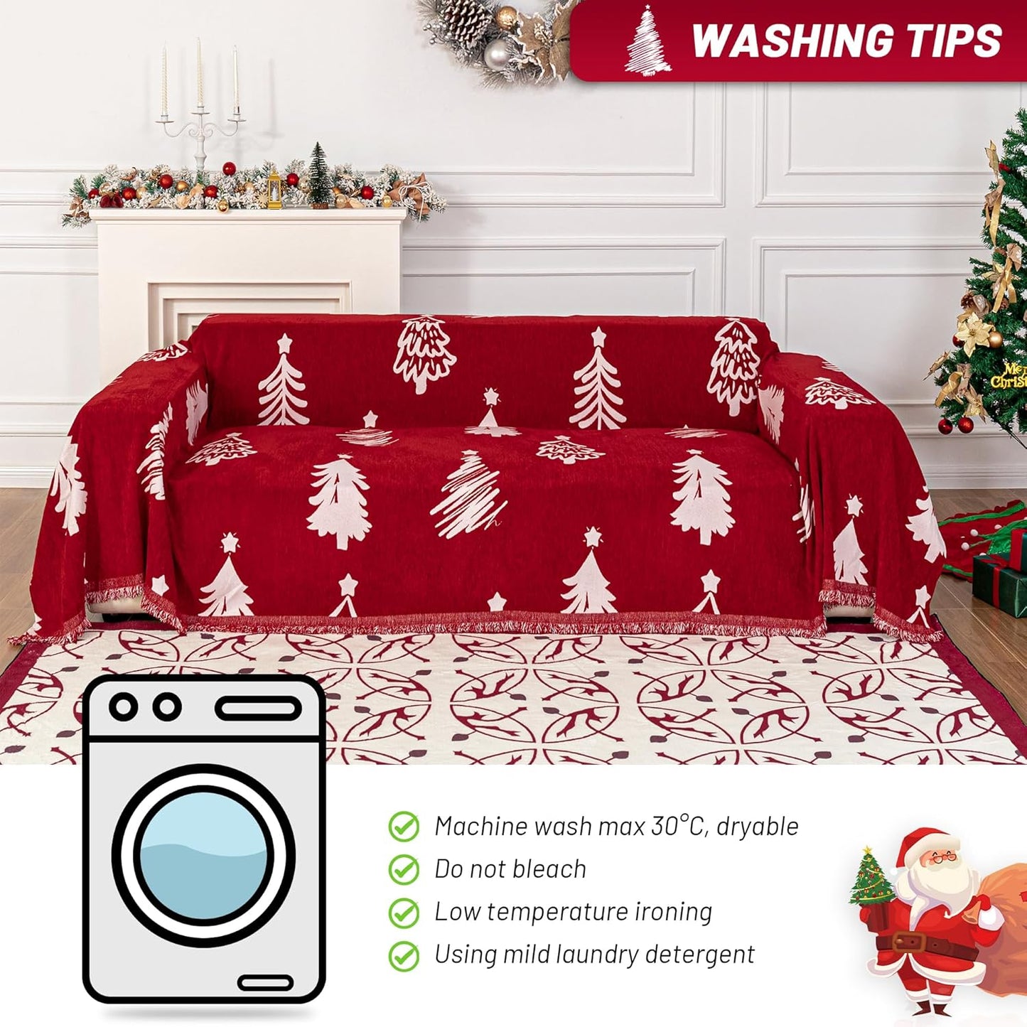 MYSKY HOME 71X134 inches Sofa Christmas Couch Cover, Sectional Sofa Covers Sofa Slipcover for 3 Cushion Couch, L Shape Couch Covers for Dogs, Kids, Washable Sofa Blanket, Furniture Protector, Red