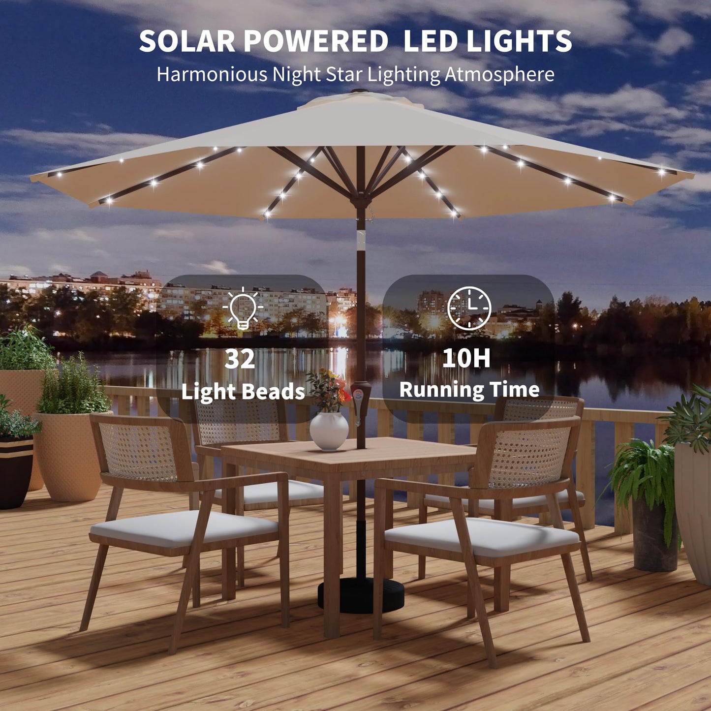 Kingdura 9FT Outdoor Patio Umbrella with Solar Lights, Market Table Umbrella with Push Button Tilt & Crank, 8 Sturdy Ribs, 32 LED Lights, UV Protection for Garden Lawn Deck Backyard Pool (Beige)